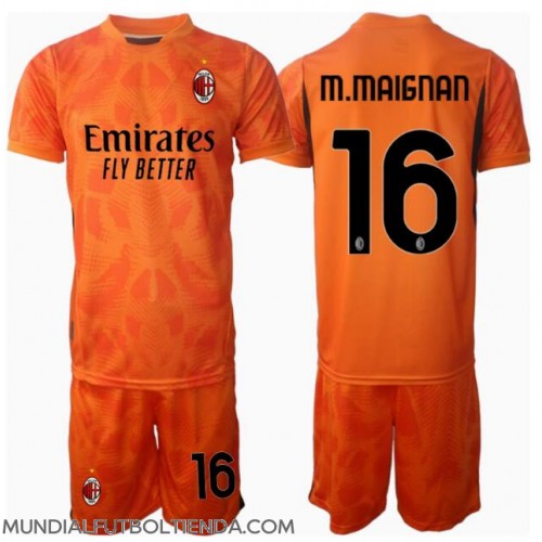 Camiseta AC Milan Mike Maignan #16 Portero Segunda Equipación Replica 2024-25 para niños mangas cortas (+ Pantalones cortos)